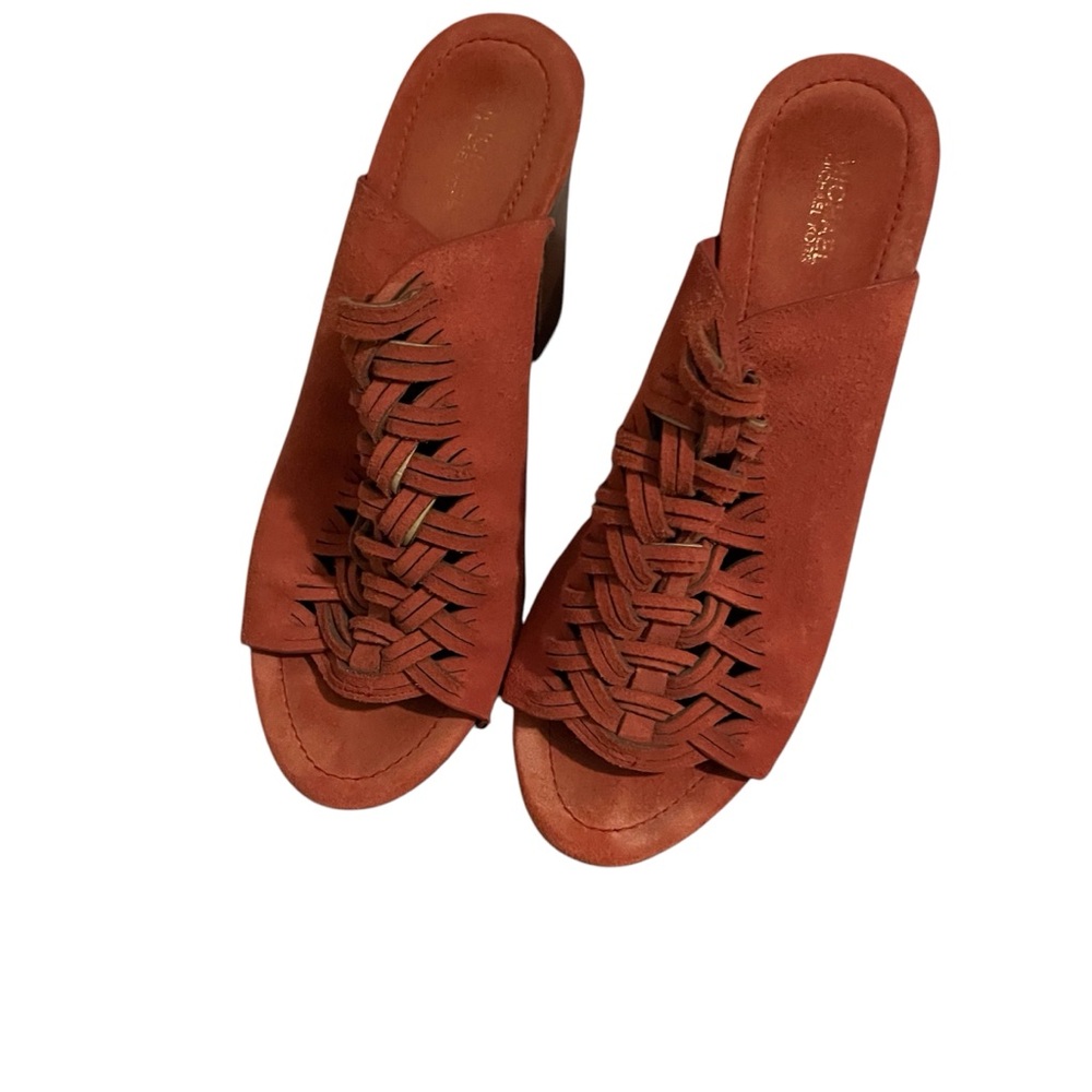 Michael Kors womans mule lace up shoes suede rusty mauve wooden 5 inch heel